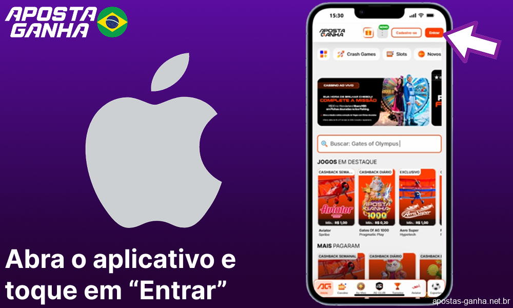 Abra o aplicativo e toque em “Entrar” no Aposta Ganha