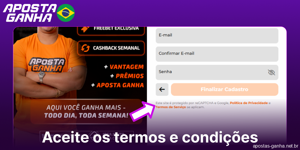 Aceite os termos e condições no Aposta Ganha