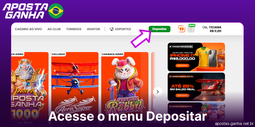 Acesse o menu “Depósito” no Aposta Ganha