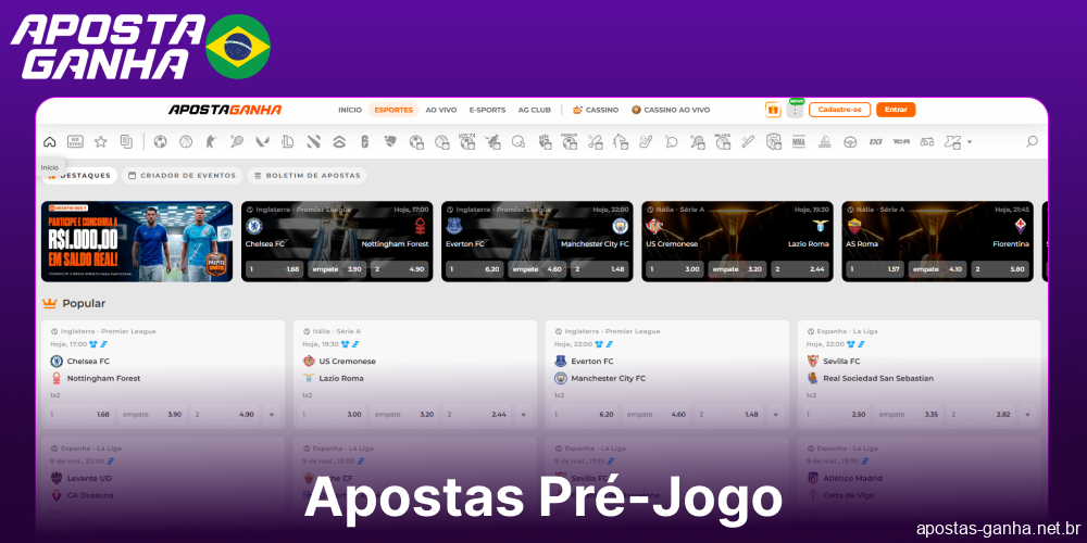 Opções de apostas pré-jogo disponíveis no Aposta Ganha para jogadores do Brasil