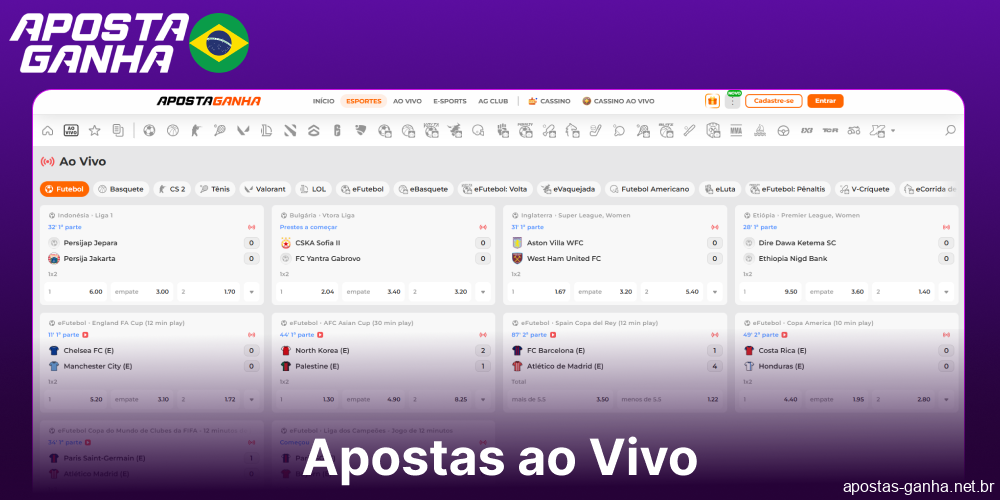 Opções de apostas ao vivo disponíveis no Aposta Ganha para jogadores do Brasil