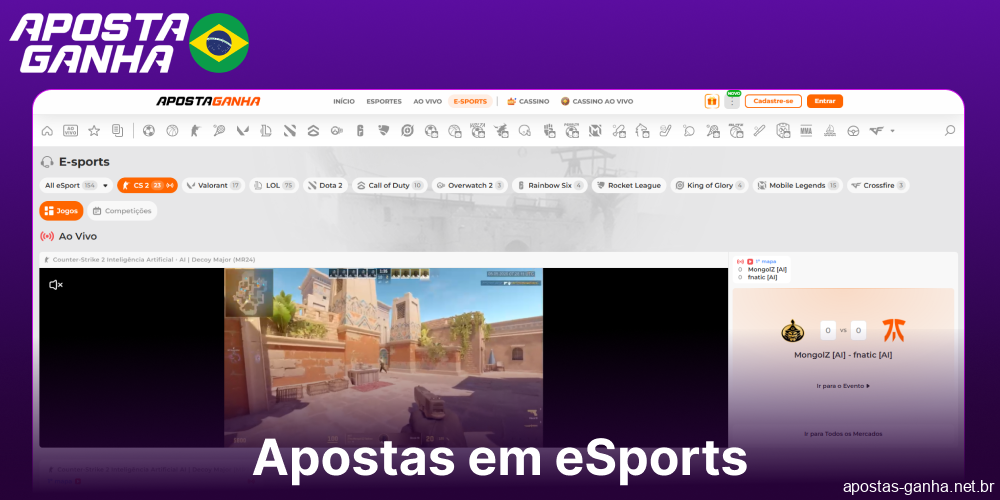 Opções de apostas em eSports disponíveis no Aposta Ganha para jogadores do Brasil