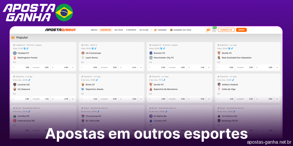 Outras opções de apostas esportivas disponíveis no Aposta Ganha para jogadores do Brasil