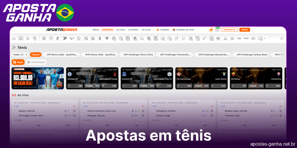 Opções de apostas em tênis disponíveis no Aposta Ganha para jogadores do Brasil