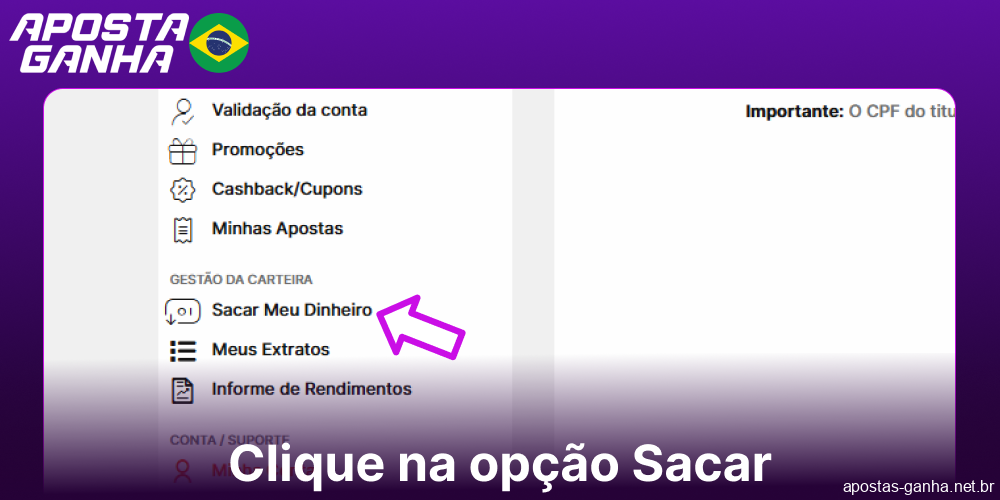 Clique na opção Sacar no Aposta Ganha