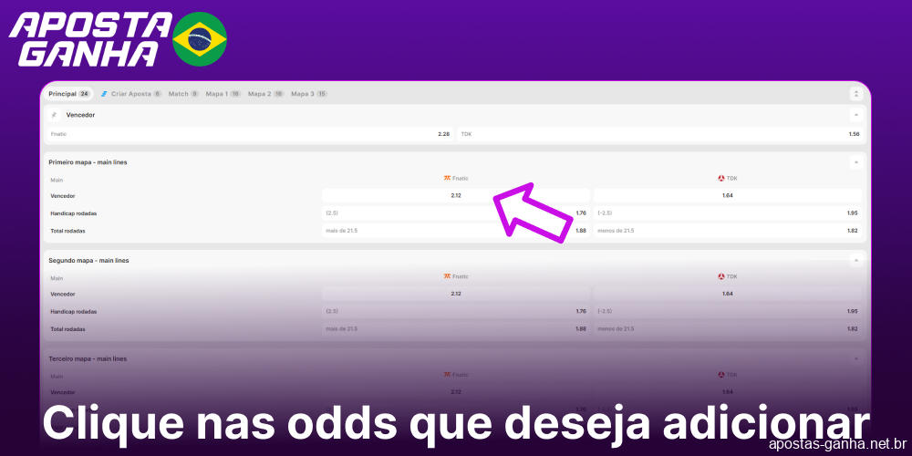 Clique nas odds que deseja adicionar no Aposta Ganha