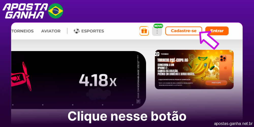 Clique no botão de registro no Aposta Ganha