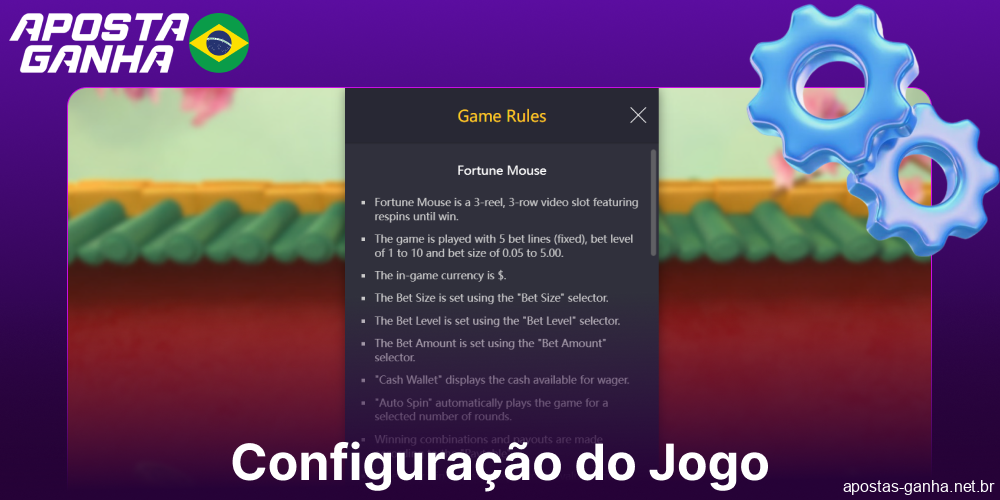 Informações sobre as funcionalidades e configurações do jogo Fortune Mouse no Aposta Ganha
