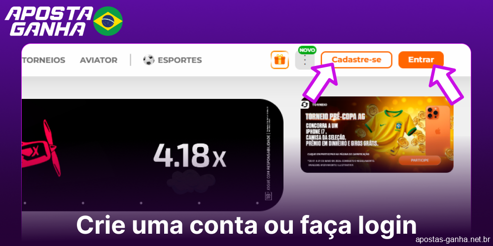Crie uma conta ou faça login no Aposta Ganha