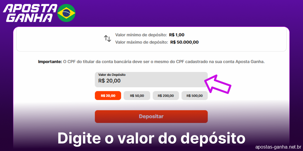 Insira o valor do depósito no Aposta Ganha