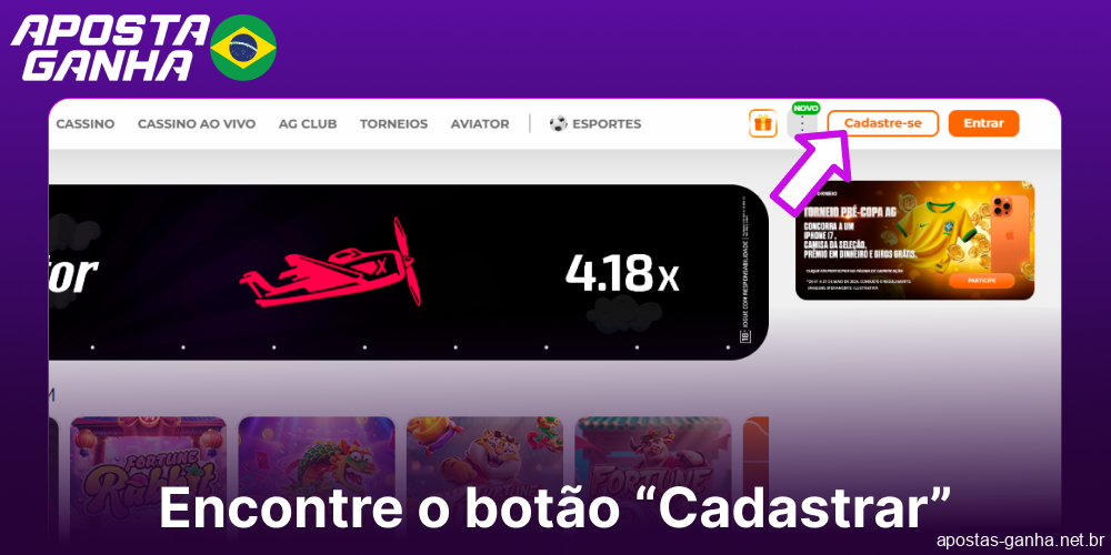 Clique no botão de cadastro no site da Aposta Ganha