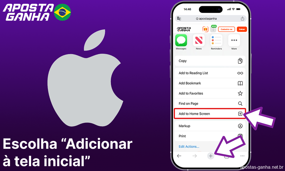Selecione “Adicionar à tela inicial” no Aposta Ganha
