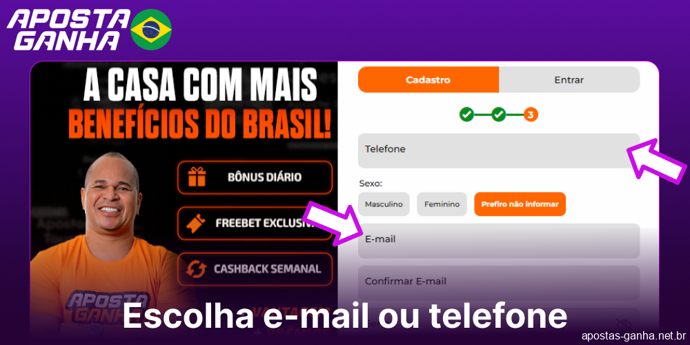 Escolha entre e-mail ou telefone no Aposta Ganha