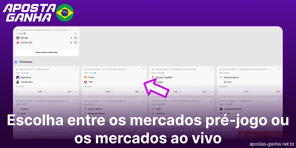 Escolha entre os mercados pré-jogo ou os mercados ao vivo no Aposta Ganha