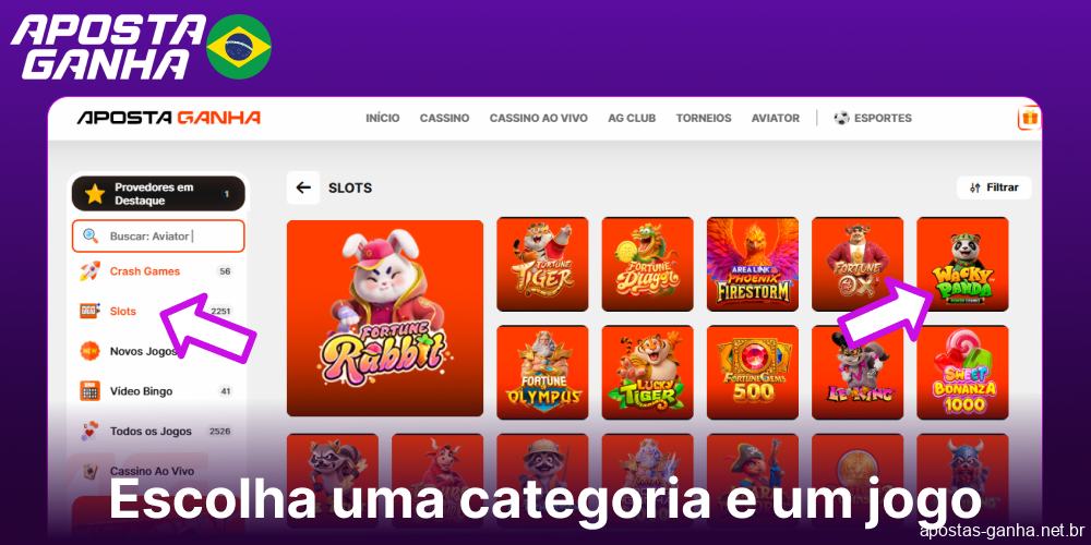 Escolha uma categoria e um jogo no Aposta Ganha