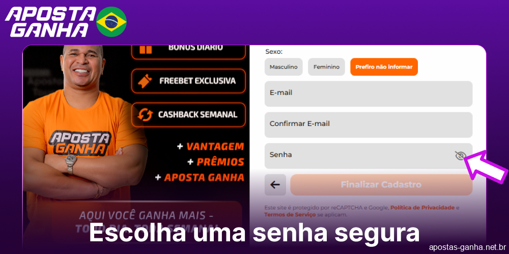 Escolha uma senha segura no site da Aposta Ganha