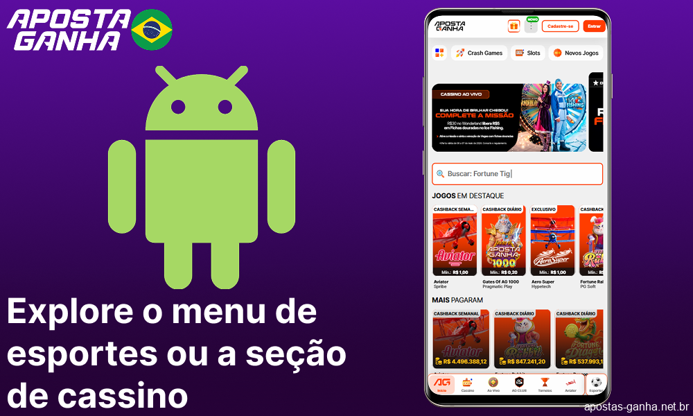 Navegue pelo menu de esportes ou pela seção de cassino no Aposta Ganha