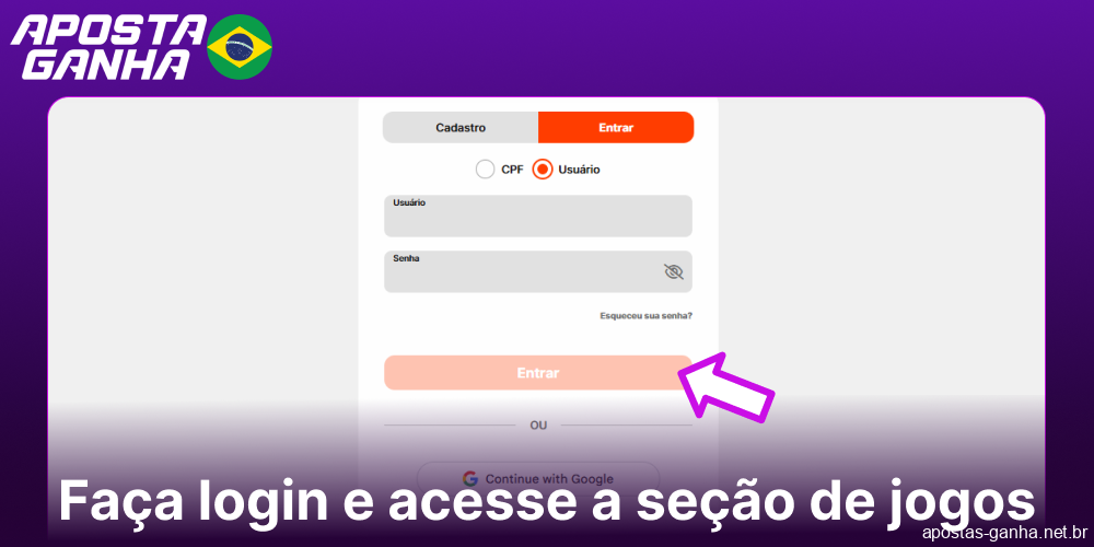 Faça login e acesse a seção de jogos no Aposta Ganha