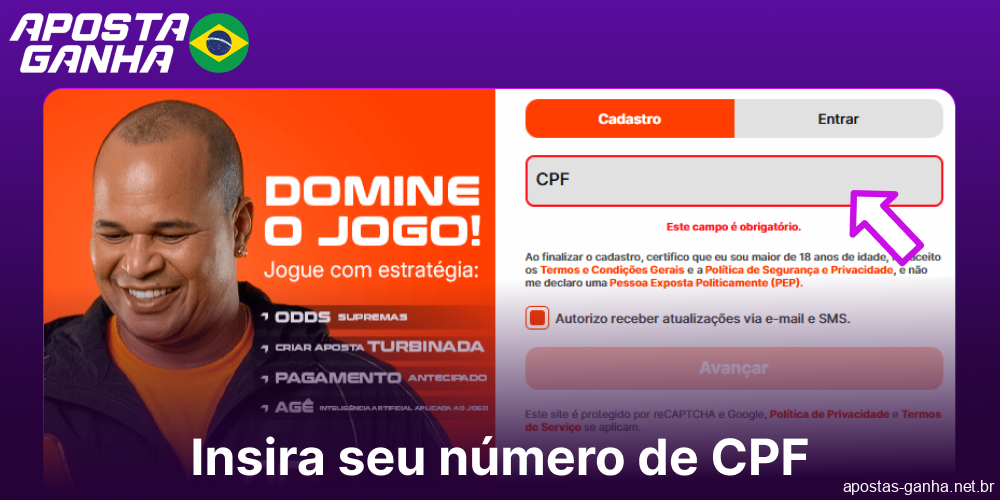 Digite o seu número de CPF no site da Aposta Ganha