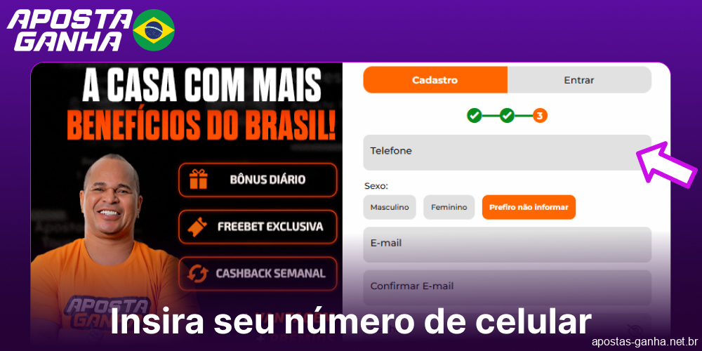 Insira seu número de celular no site da Aposta Ganha