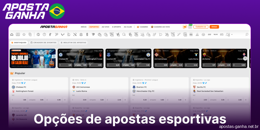 Opções de apostas esportivas disponíveis no Aposta Ganha para jogadores do Brasil