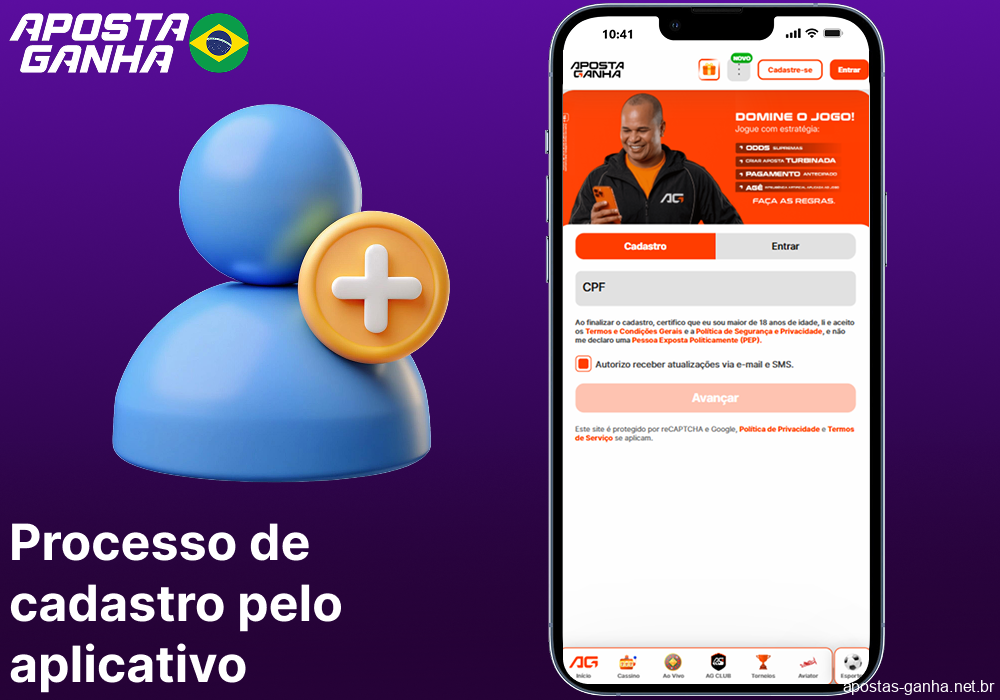 Processo de cadastro pelo aplicativo Aposta Ganha para jogadores do Brasil