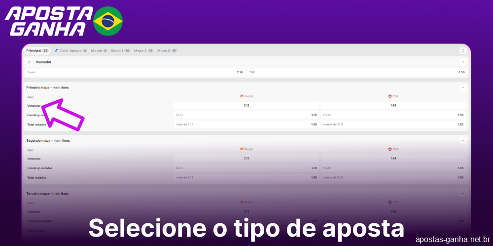 Selecione o tipo de aposta no Aposta Ganha