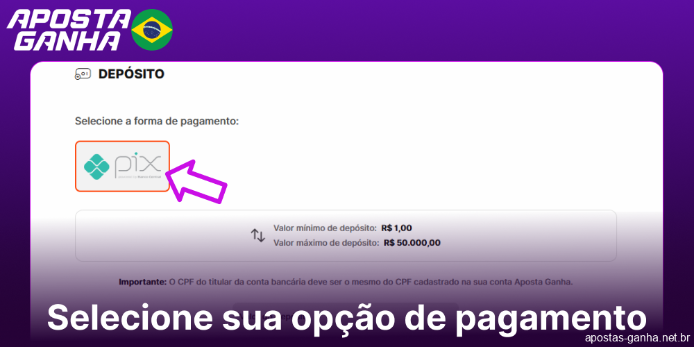 Selecione sua opção de pagamento no Aposta Ganha